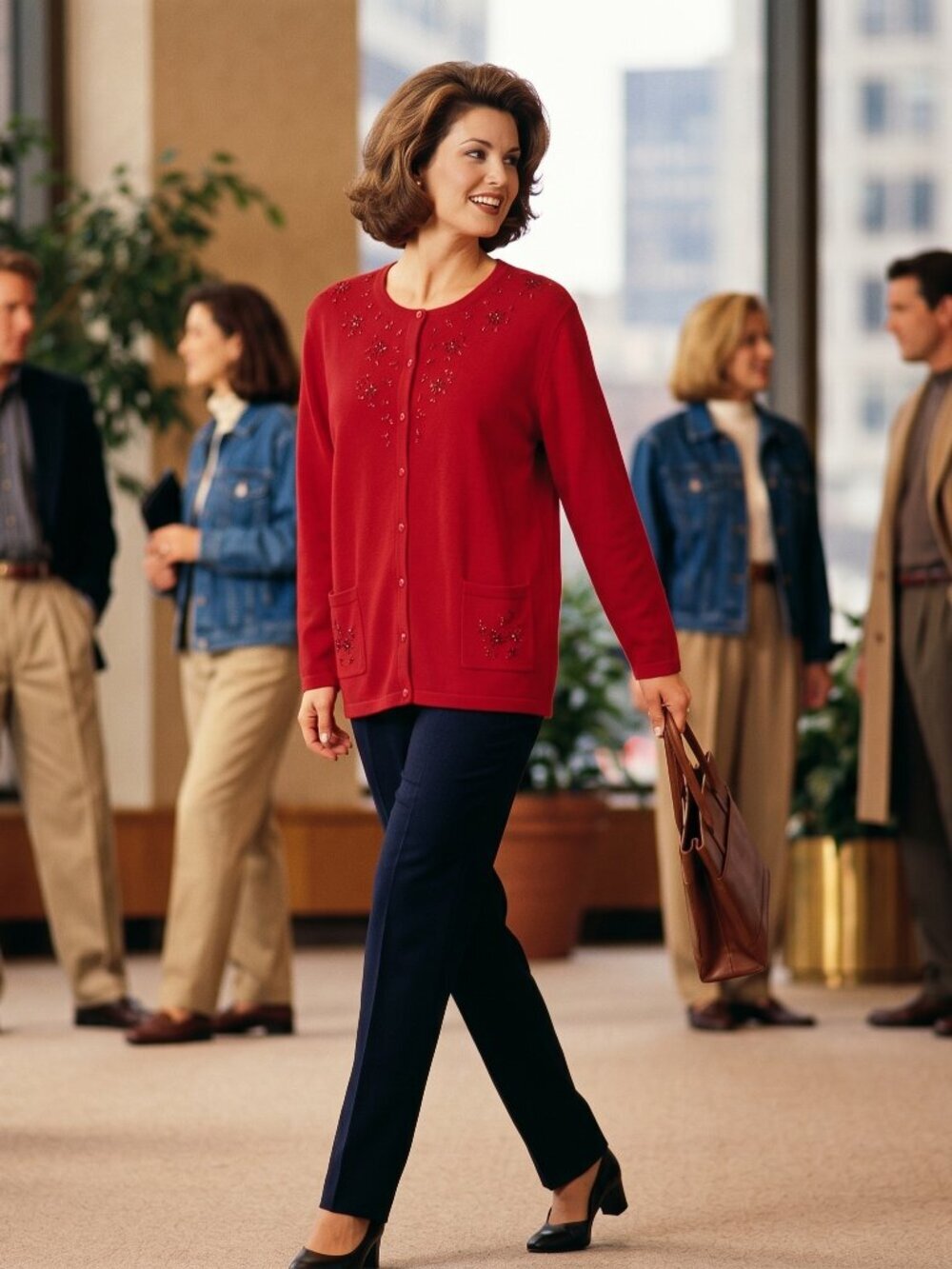BonWorth Women Large Cardigan Red Cotton Floral Beaded Sweater Iconic Coquette